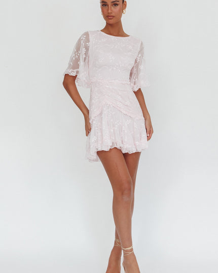 Blush Sleeve Frill Trim Dress Embroidered