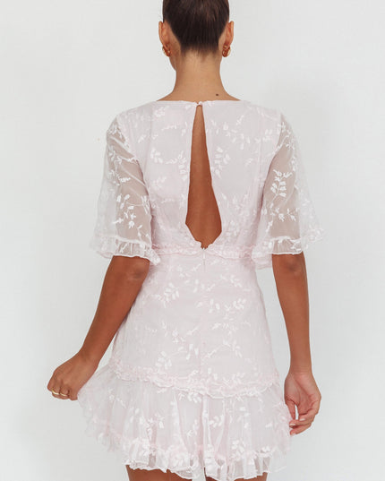 Blush Sleeve Frill Trim Dress Embroidered