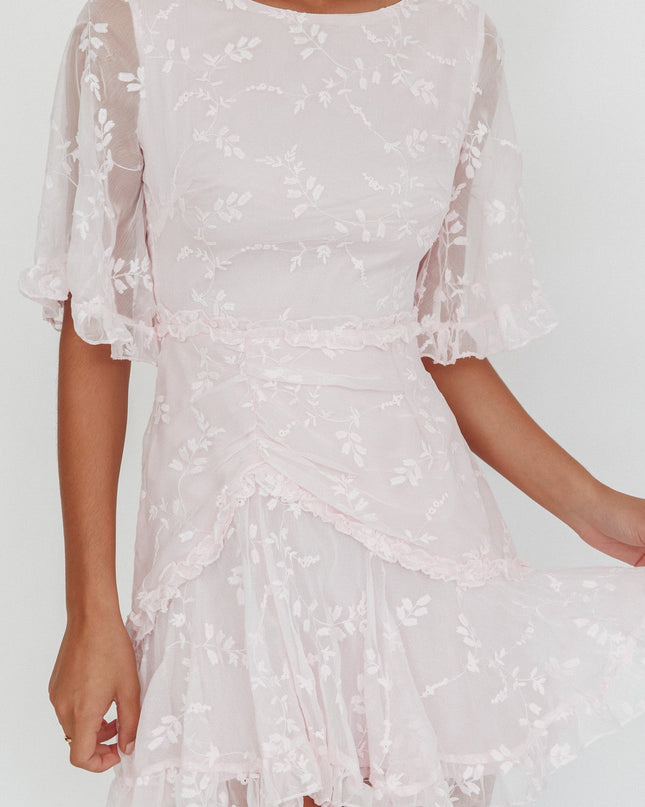 Blush Sleeve Frill Trim Dress Embroidered