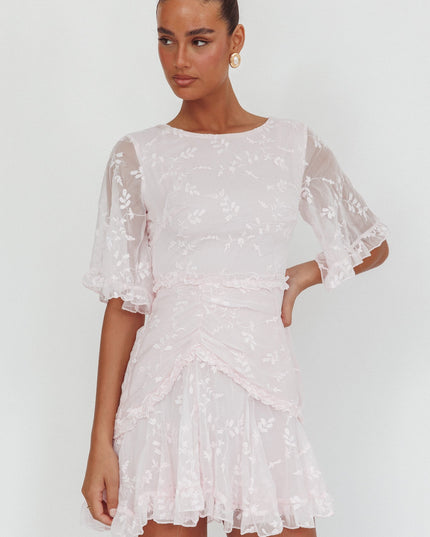 Blush Sleeve Frill Trim Dress Embroidered