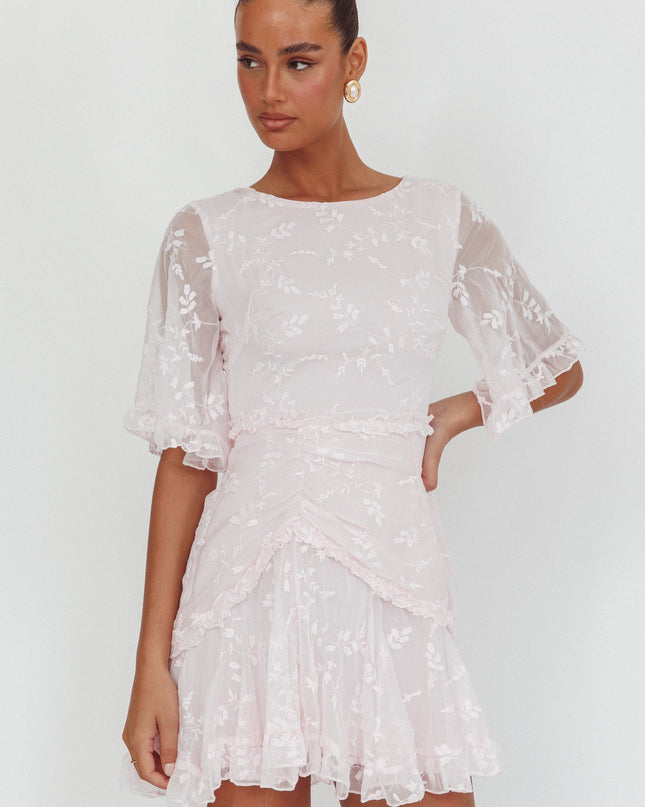 Blush Sleeve Frill Trim Dress Embroidered