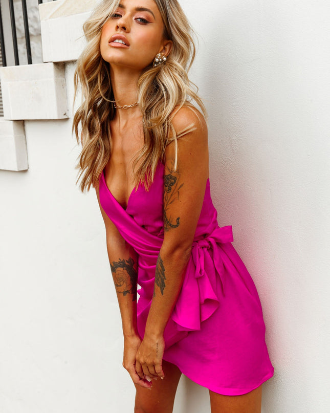 Hot Pink Gathered Detail Side-Tie Wrap Dress