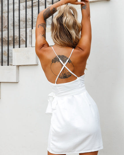 White Gathered Detail Side-Tie Wrap Dress