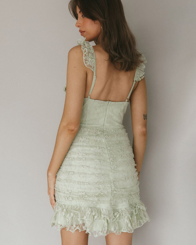 Sage Ruched Side Layered Frill Hem Lace Mini Dress