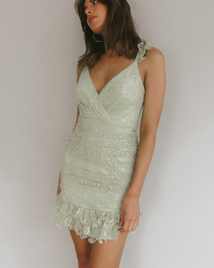 Sage Ruched Side Layered Frill Hem Lace Mini Dress