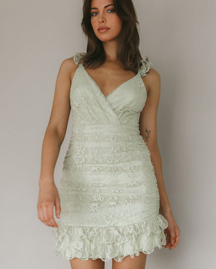 Sage Ruched Side Layered Frill Hem Lace Mini Dress