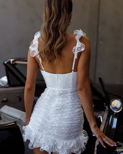 White Ruched Side Layered Frill Hem Lace Mini Dress
