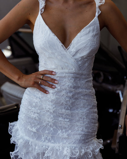 White Ruched Side Layered Frill Hem Lace Mini Dress