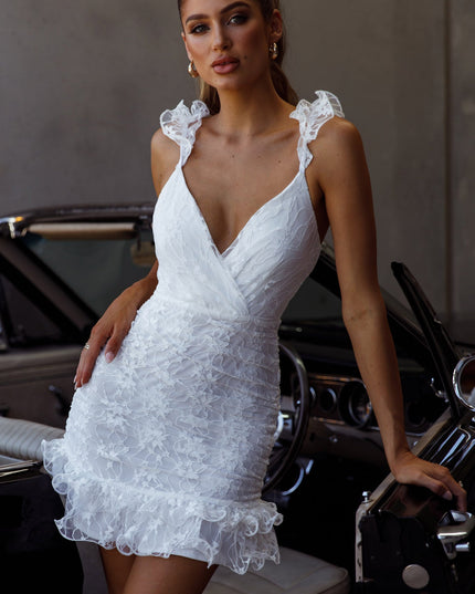White Ruched Side Layered Frill Hem Lace Mini Dress
