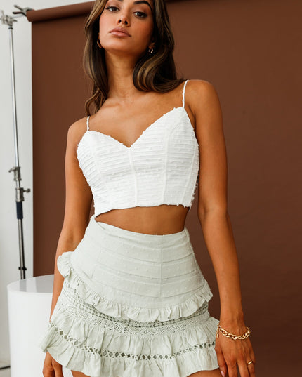 Sage Pleated Waist Frill Trim Mini Skirt