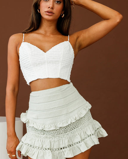 Sage Pleated Waist Frill Trim Mini Skirt
