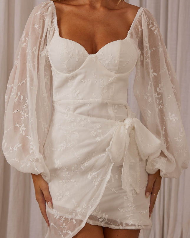 White Long Sleeve Embroidered Dress