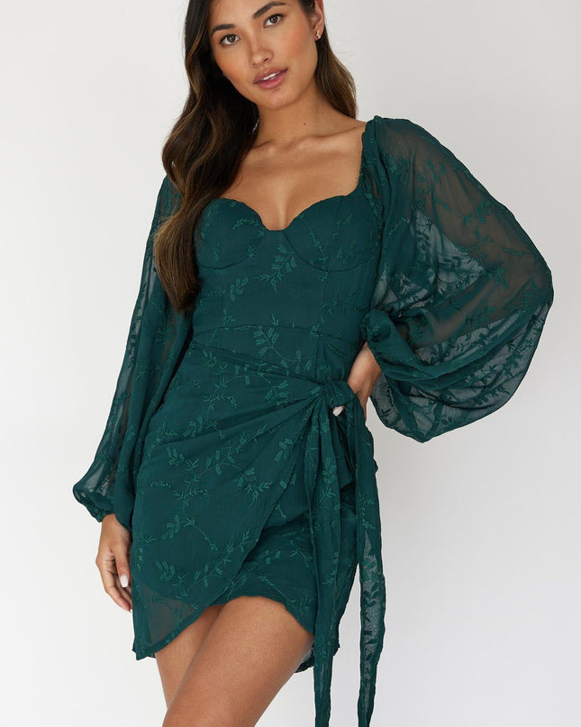 Forest Green Long Sleeve Embroidered Dress