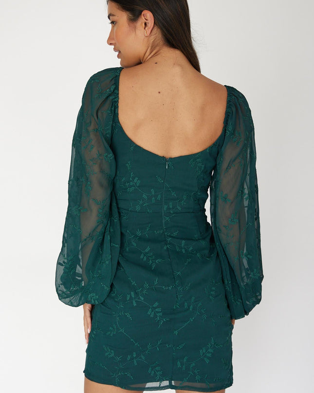 Forest Green Long Sleeve Embroidered Dress