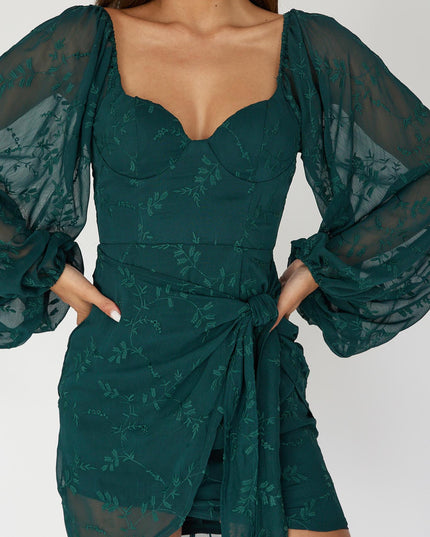 Forest Green Long Sleeve Embroidered Dress