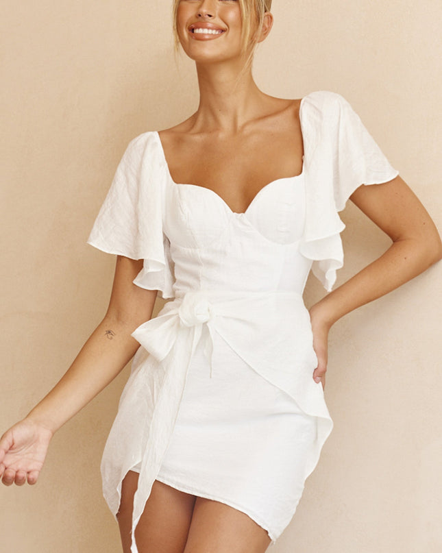 White Bust Angel Sleeve Wrap Dress