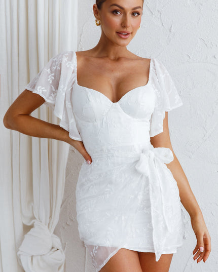 White Bust Angel Sleeve Wrap Dress Embroidered