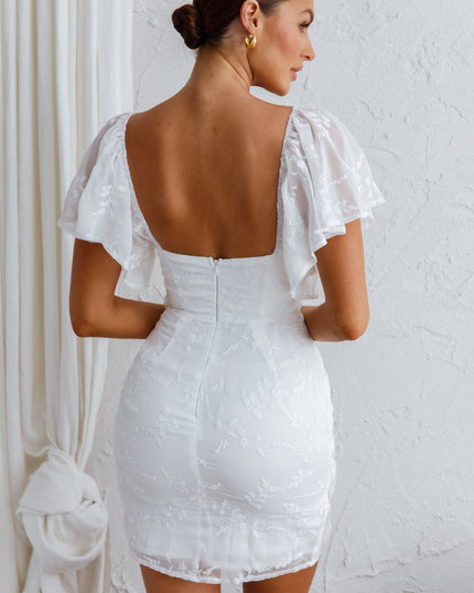 White Bust Angel Sleeve Wrap Dress Embroidered