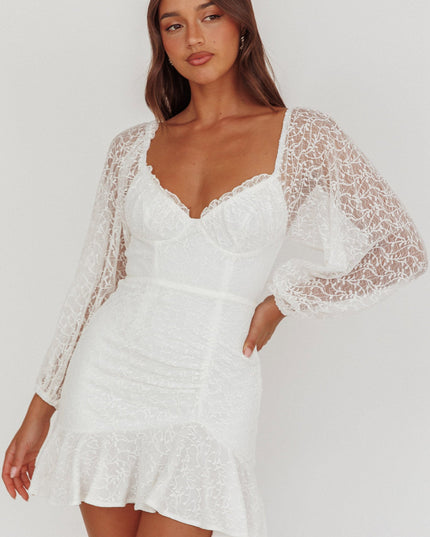 White Balloon Sleeve Frill Bust Flounce Hem Lace Dress
