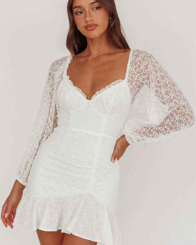 White Balloon Sleeve Frill Bust Flounce Hem Lace Dress