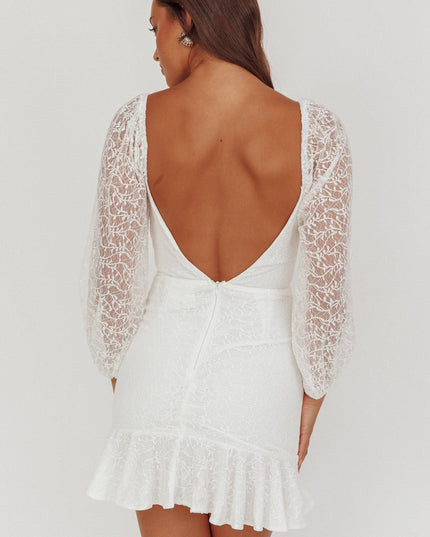 White Balloon Sleeve Frill Bust Flounce Hem Lace Dress
