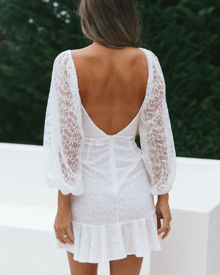 White Balloon Sleeve Frill Bust Flounce Hem Lace Dress