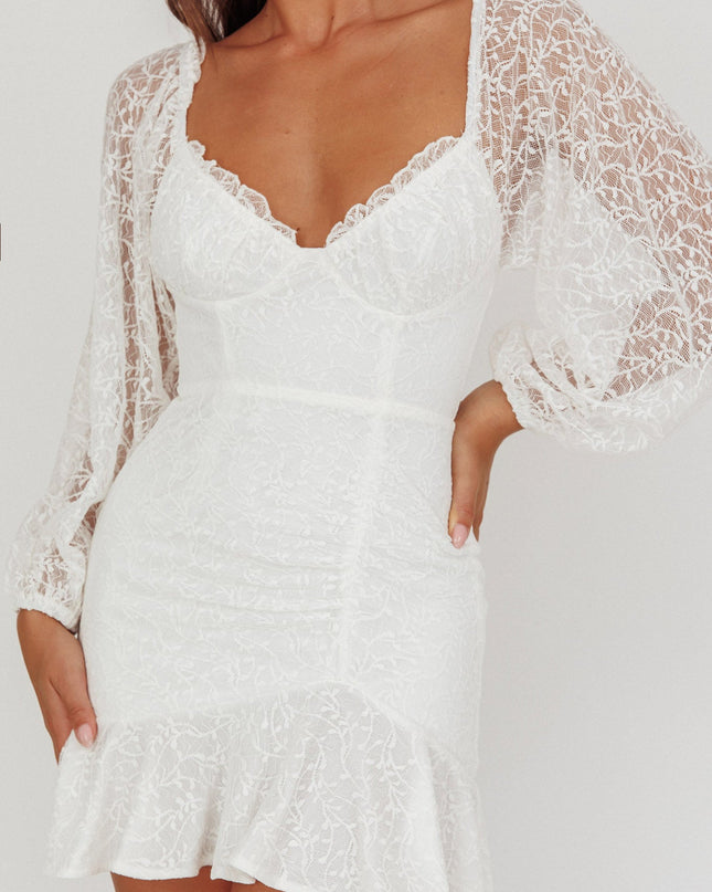 White Balloon Sleeve Frill Bust Flounce Hem Lace Dress