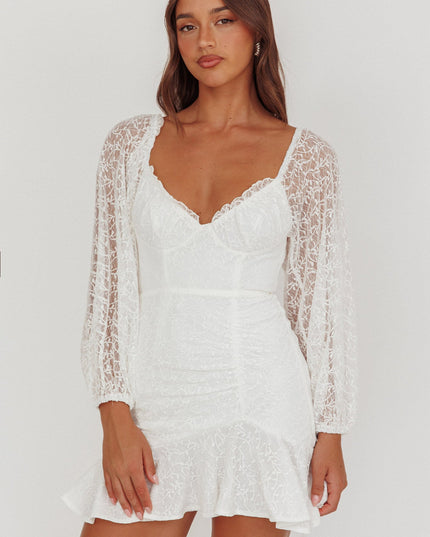 White Balloon Sleeve Frill Bust Flounce Hem Lace Dress