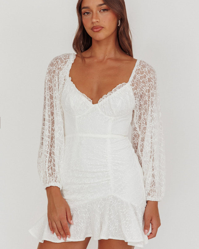 White Balloon Sleeve Frill Bust Flounce Hem Lace Dress
