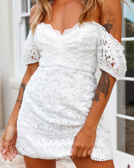 White Puff Sleeve Lace Overlay Dress