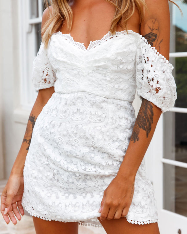 White Puff Sleeve Lace Overlay Dress