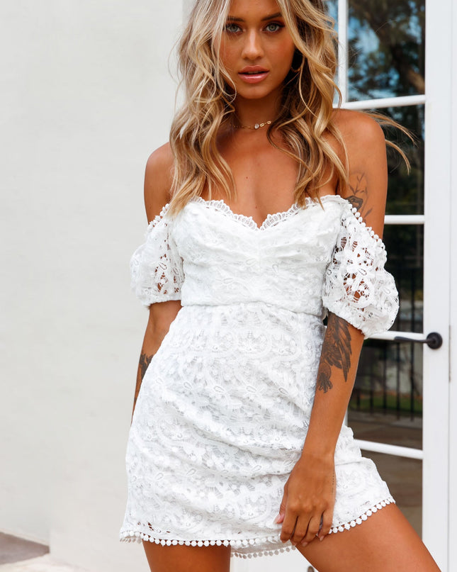White Puff Sleeve Lace Overlay Dress