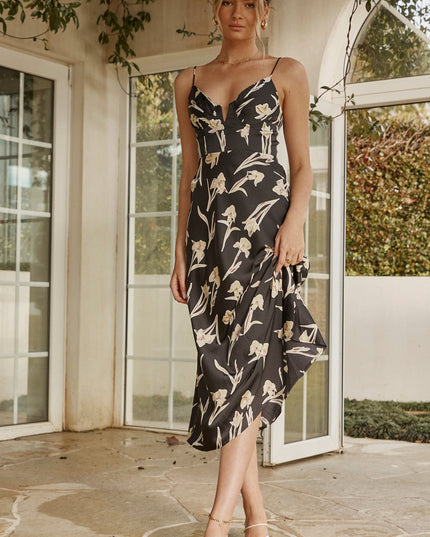 Black Fitted Bodice Cami Strap Midi Dress Orchid Print