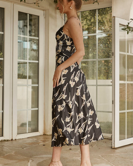 Black Fitted Bodice Cami Strap Midi Dress Orchid Print