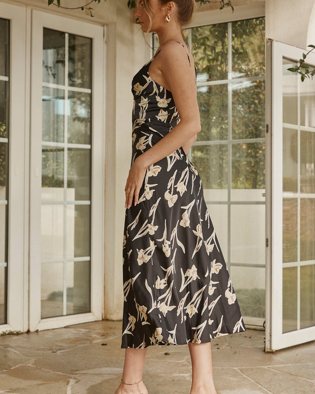 Black Fitted Bodice Cami Strap Midi Dress Orchid Print