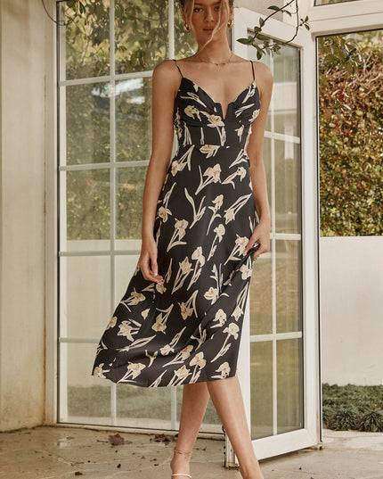 Black Fitted Bodice Cami Strap Midi Dress Orchid Print
