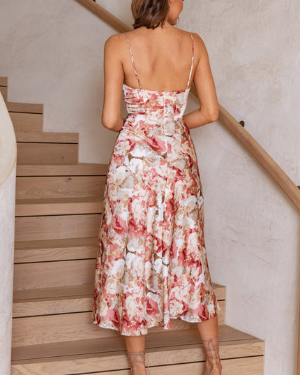 Rose Fitted Bodice Cami Strap Midi Dress Abstract Print