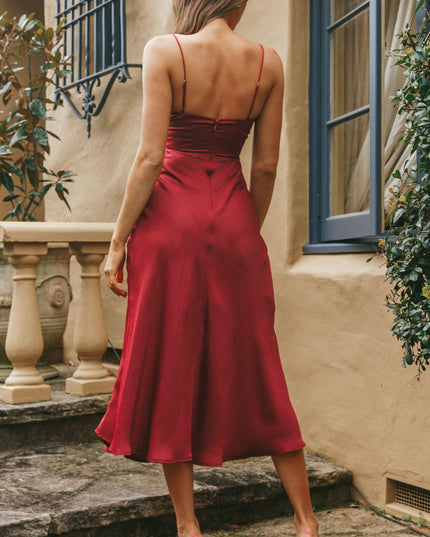 Cherry Fitted Bodice Cami Strap Midi Dress