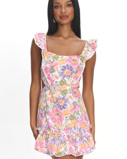 Multi Tied Back Frill Dress White