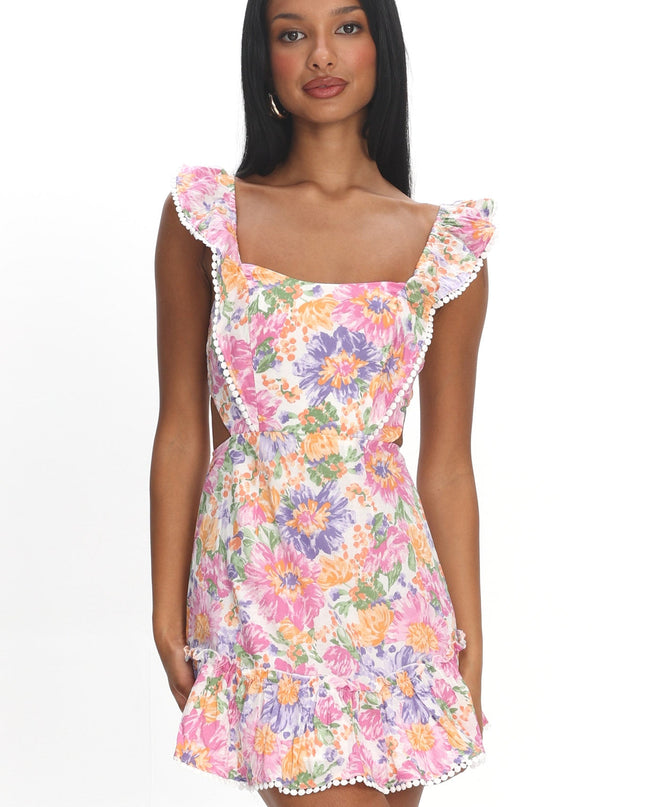Multi Tied Back Frill Dress White
