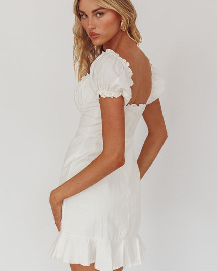 White Ruched Bust Puff Sleeve Dress