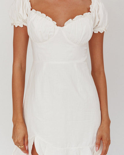 White Ruched Bust Puff Sleeve Dress