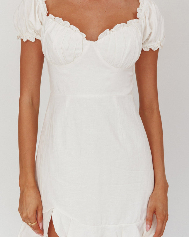 White Ruched Bust Puff Sleeve Dress