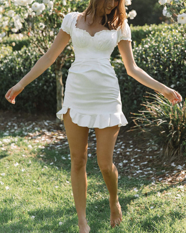 White Ruched Bust Puff Sleeve Dress