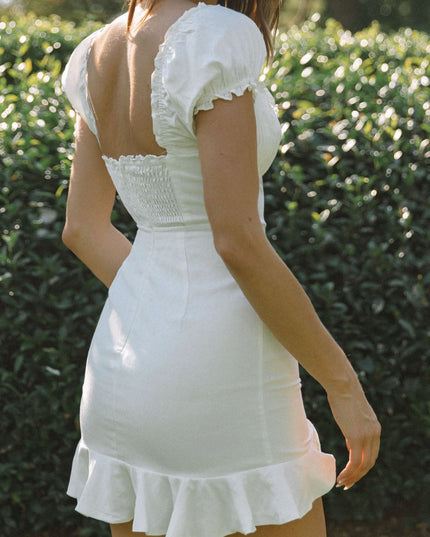 White Ruched Bust Puff Sleeve Dress