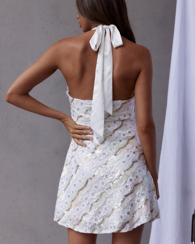 White Champagne Showers Halterneck Slip Mini Dress Sequin Flower