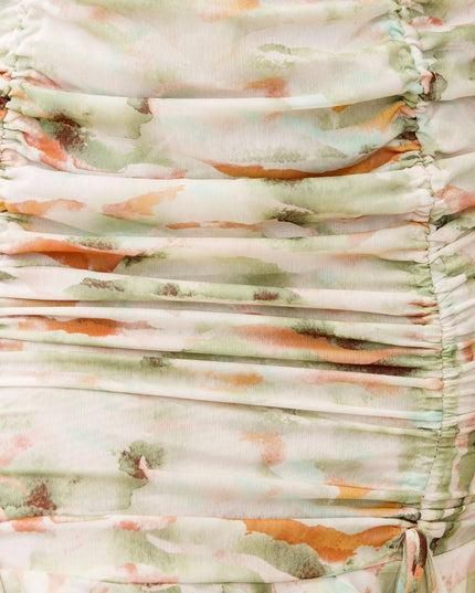 Green Puff Sleeve Ruched Detail Dress Watercolor Print