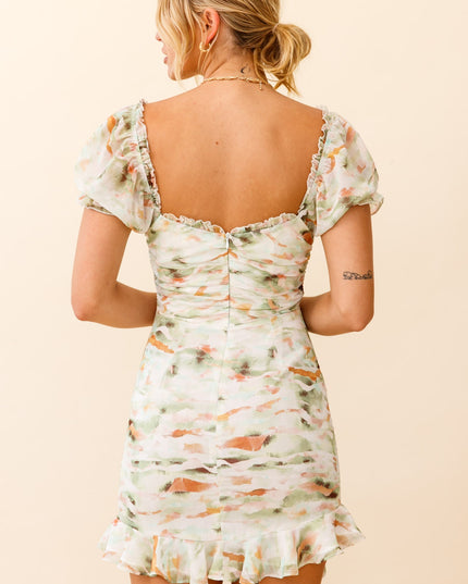 Green Puff Sleeve Ruched Detail Dress Watercolor Print