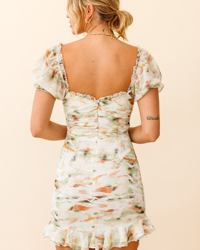 Green Puff Sleeve Ruched Detail Dress Watercolor Print