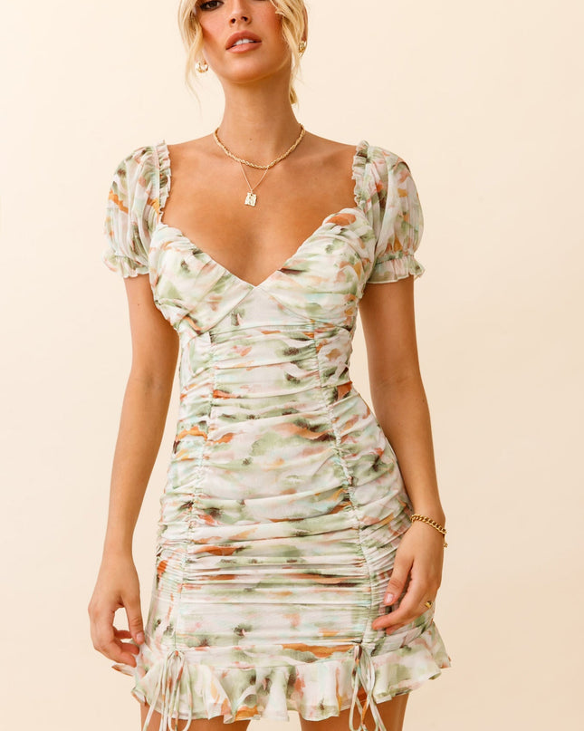 Green Puff Sleeve Ruched Detail Dress Watercolor Print
